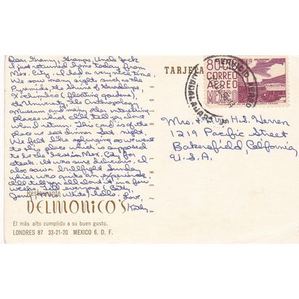 1966 - Delmonico's Restaurant, Londres 87, Mexico City - Postcard & Stamp