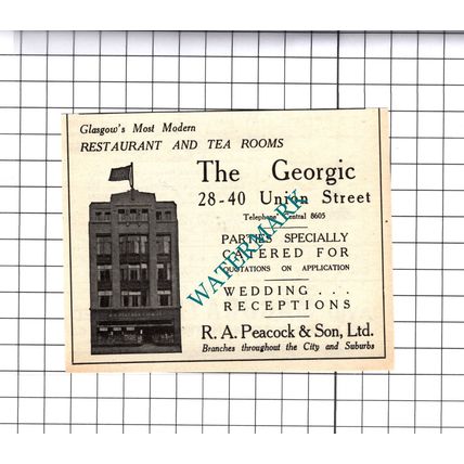 The Georgic Restaurant Glasgow RA Peacock & Son Small Advert - 1939 Cutting