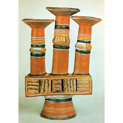 African Pottery Antique Triple Lamp Nupe Tribe Art Relic Postcard