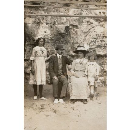 Posh Family On Beach With Interesting Wall Carvings Old Real Photo Postcard