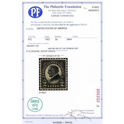 612, Mint XF NH 2¢ - PFC Certificate Graded 90 * Stuart Katz
