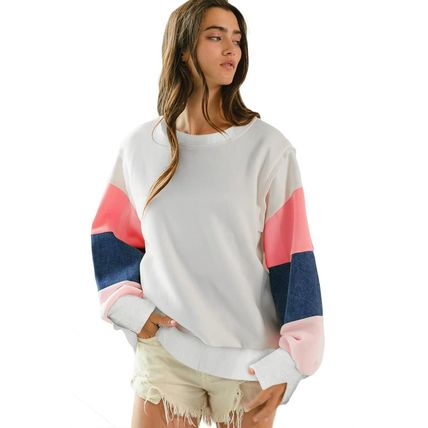 White French Terry Color Block Long Sleeve Top