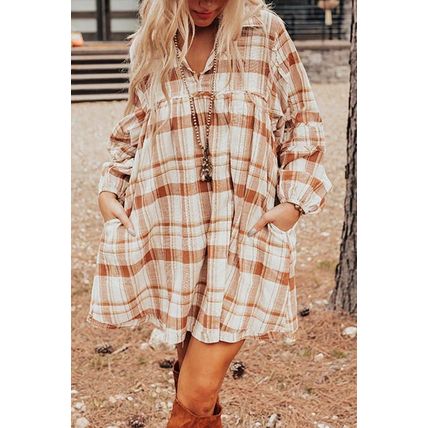 Brown Plaid Print Side Pockets Frilled Babydoll Mini Dress
