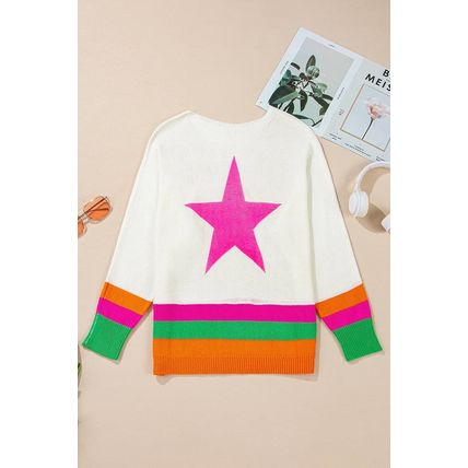 White Star Pattern Colorblock Striped Edge Drop Shoulder Sweater