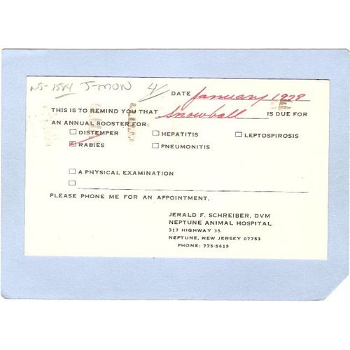 New Jersey Neptune Reminder Card From Jerald F Schreiber DVM Neptune Anima~1584