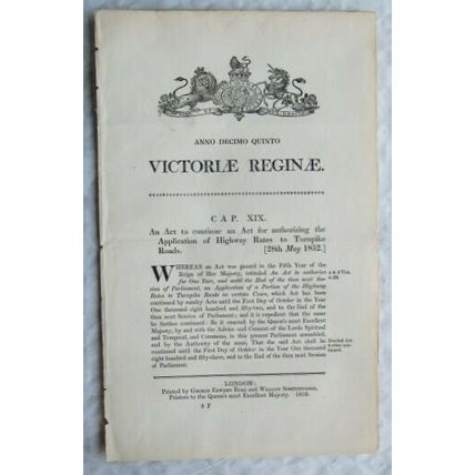 1852 Act of Parliament: Highway Rates Turnpike Roads
