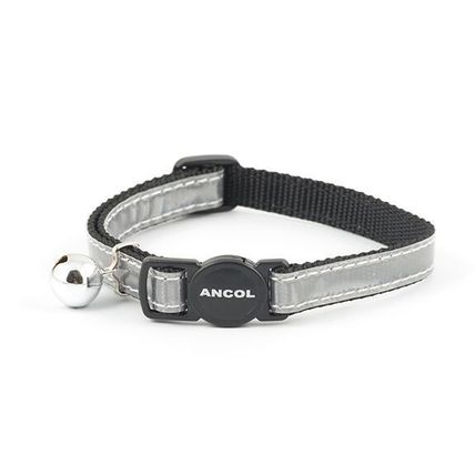 Ancol Silver reflective Gloss Cat collar with safety buckle & silver bell