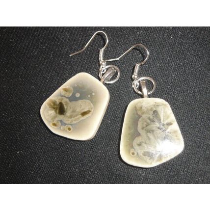 Unique freeform hand glazed on small grey blue ceramic tile dangle earrings , B