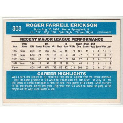1982 Donruss baseball card 303 Roger Erickson