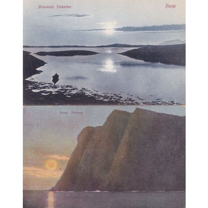 Norway Midnattsol Sunset 2x Antique Postcard