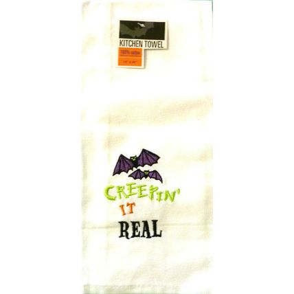 "HALLOWEEN CREEPIN IT REAL EMBROIDERED KITCHEN or GUEST TOWEL with BATS"