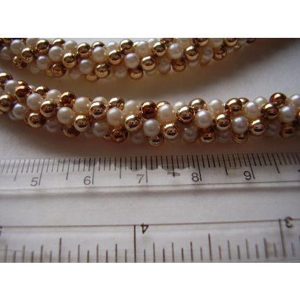 Vintage Necklace Gold & Pearl Seed Bead Thick Spiral Twisted Rope Retro 50's 29"
