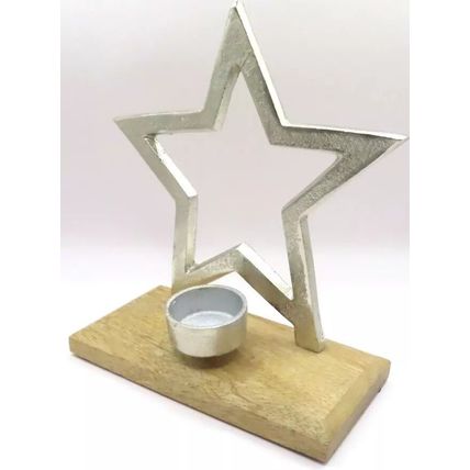 Silver Star Metal Tealight Holder on a Wooden Base 22 CM Gift Home Decor Votive
