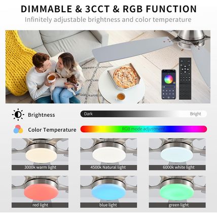 Ceiling Fans with Lights, 54Inch RGB Low Profile Ceiling Fan with Light and Remo