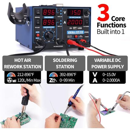 YIHUA 853D 2A USB SMD Hot Air Rework Soldering Iron Station, DC Power Supply 0-1