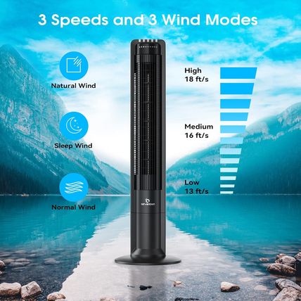 115° Oscillating Modern Tower Fan for Bedroom, 43'' Standing Fan with Remote, 7.