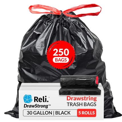 Reli. 30 Gallon Trash Bags Drawstring | 250 Count Bulk | Black | 30 Gallon Garba
