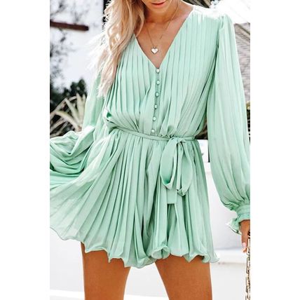 Green Pleated Ruffled Tie Waist Buttons V Neck Romper
