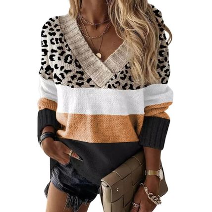 Khaki Leopard Color Block Long Sleeve Sweater