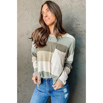 Green Color Block Ribbed Long Sleeve Top with Pocket