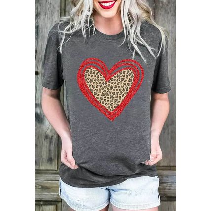 Gray Sequin Leopard Heart Graphic T-shirt