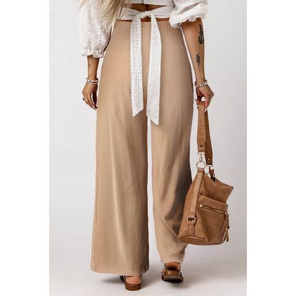 Khaki Smocked Wide Waistband High Waist Wide Leg Pants