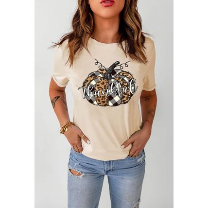 Khaki Thankful Pumpkin Plaid Print Crewneck Graphic Tee