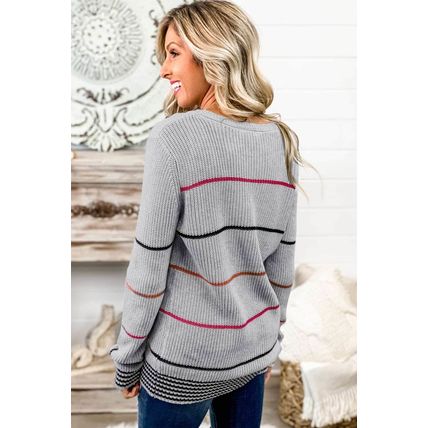 Gray Ribbed Knit Striped Sweater