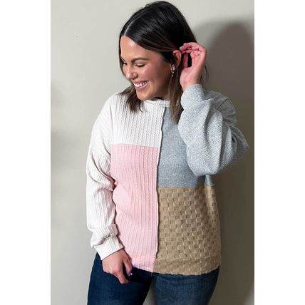 Multicolor Cable Knit Colorblock Long Sleeve Plus Size Top