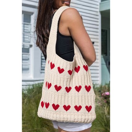 Apricot Heart Pattern Knit Large Shoulder Bag