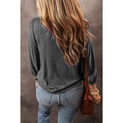 Medium Grey Solid Color 3/4 Sleeve Round Neck Blouse