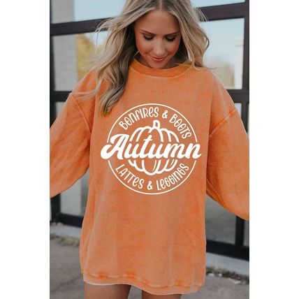 Orange Autumn Pumpkin Graphic Print Corded Oversized Sweatshirt