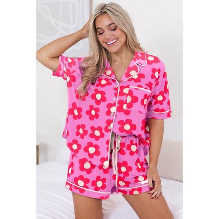 Pink Flower Print Short Sleeve Shirt Pajamas Set