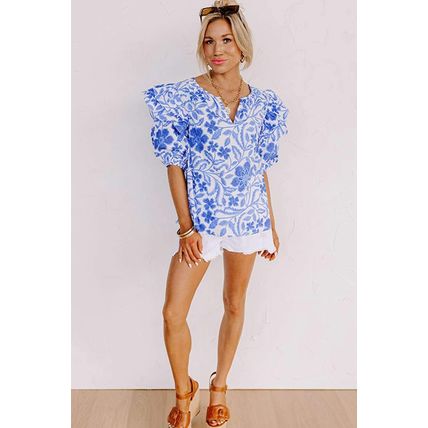Dark Blue Floral Print Ruffled Bubble Sleeve Blouse