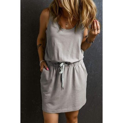 Gray Sleeveless Drawstring Waist Mini Dress