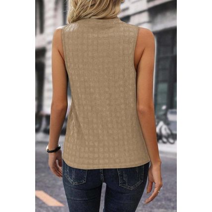 Light French Beige Lattice Textured Split Neck Tank Top