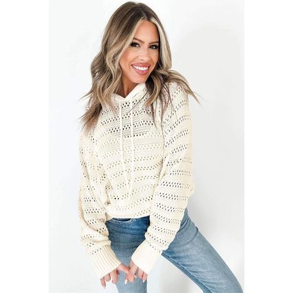 White Pointelle Knit Raglan Sleeve Hooded Sweater
