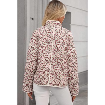 Pink Floral Print Contrast Edge Stand Neck Coat