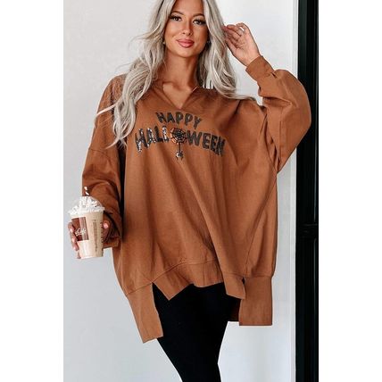 Chestnut Sequin Happy Halloween Graphic Notched Neck Long Sleeve Loose Top