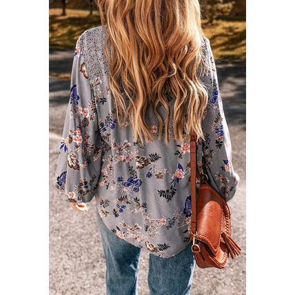 Sky Blue Floral Print Lace Patchwork Knot Front V Neck Blouse