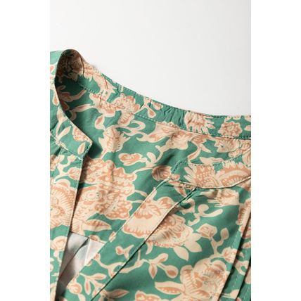 Green Floral Print Pleated Buttoned V Neck Short Sleeve Blouse