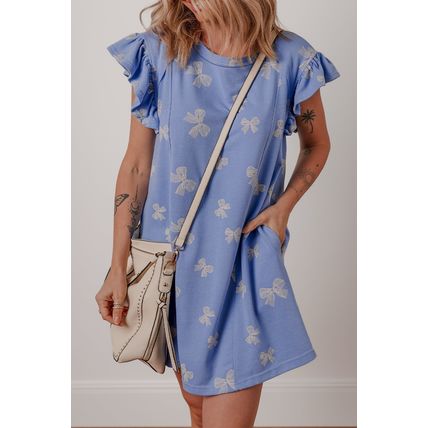 Sky Blue Bow Knot Print Crewneck Ruffled Sleeve Shift Mini Dress