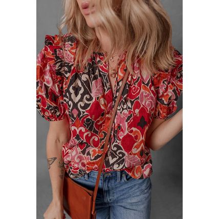 Red Ethnic Print Split Neck Short Puff Sleeve Blouse