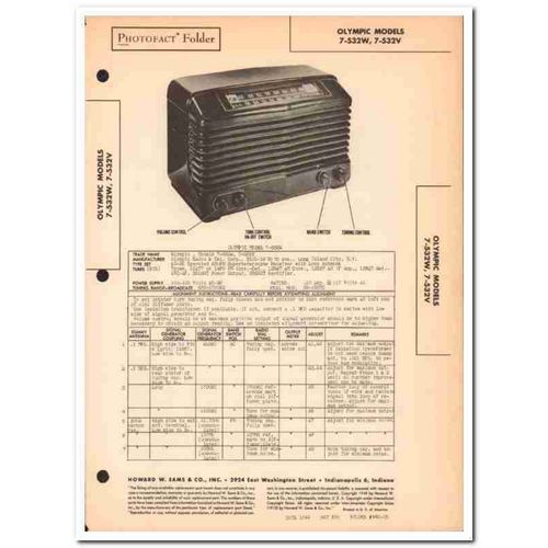 olympic model 7-532w 7-532v 6-tube am fm radio sams photofact manual