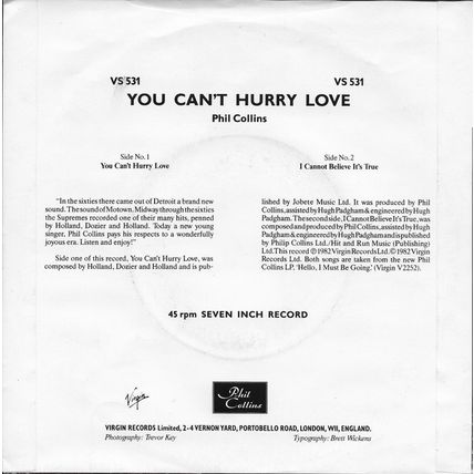 Phil Collins - You Can't Hurry Love 7", Single Very Good Plus (VG+)