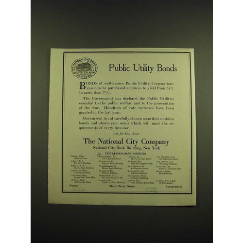 1918 The National City Company Ad - Public Utility Bonds