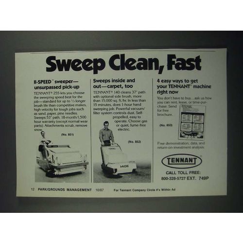 1987 Tennant 255 and 140 Sweepers Ad - Sweep Clean, Fast