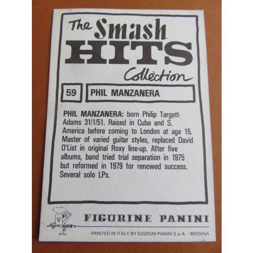 Smash Hits 1984 Panini Sticker No 59 Phil Manzanera