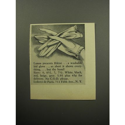 1957 Lamm Bikini Gloves Advertisement - A washable kid glove
