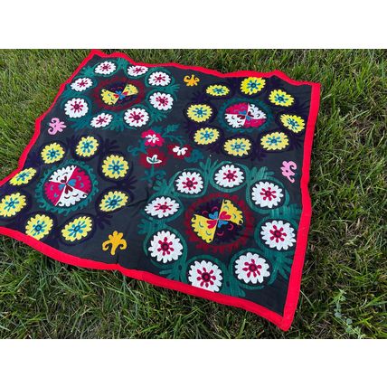 Vintage Uzbek hand embroidered black suzani 39.3 x 33 inch